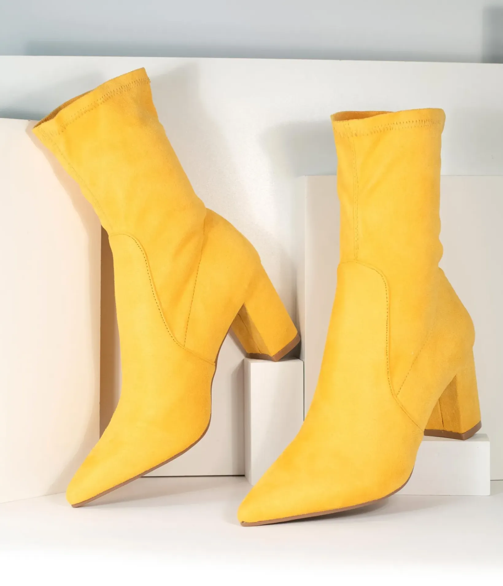 Unique Vintage Boots|Heels>Mustard Suede Pointed Bootie