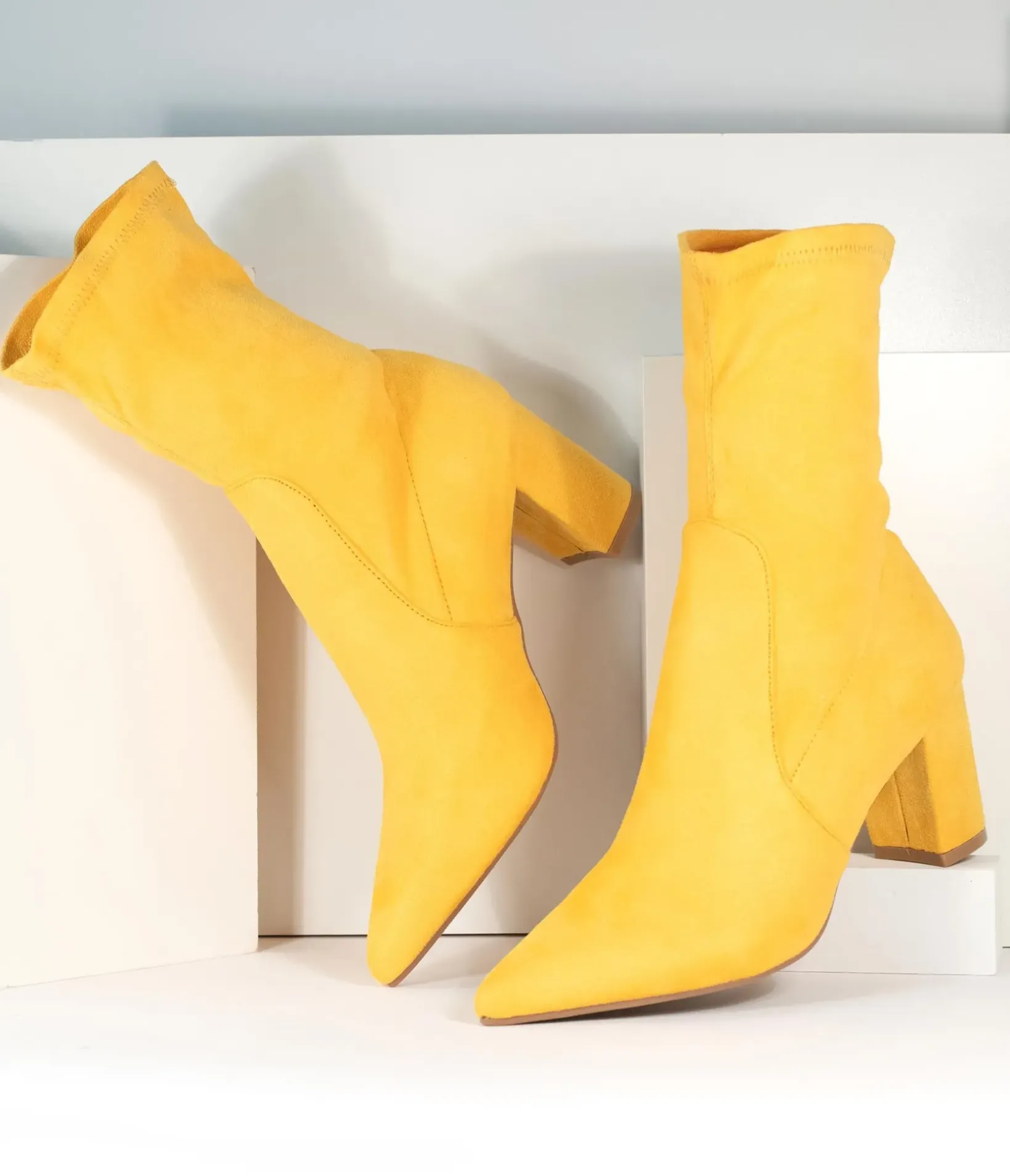 Unique Vintage Boots|Heels>Mustard Suede Pointed Bootie