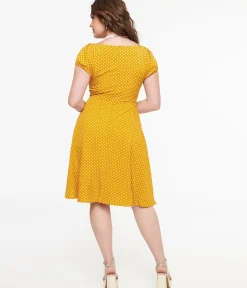 Unique Vintage Fit & Flare|Everyday Dresses>Mustard & White Polka Dot Fit & Flare Dress