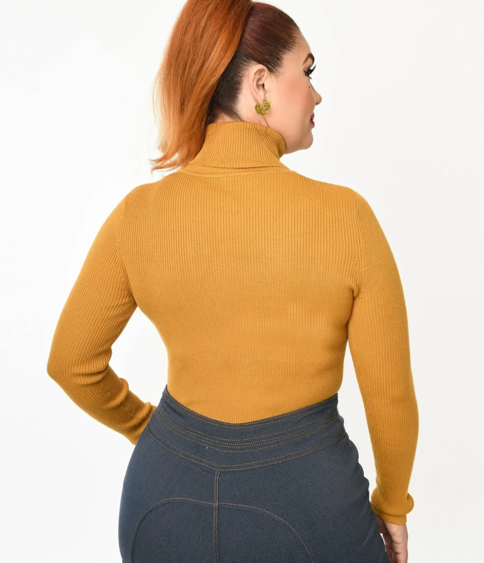Unique Vintage Sweaters & Cardigans>Mustard Yellow Mushroom Embroidered Turtleneck Sweater