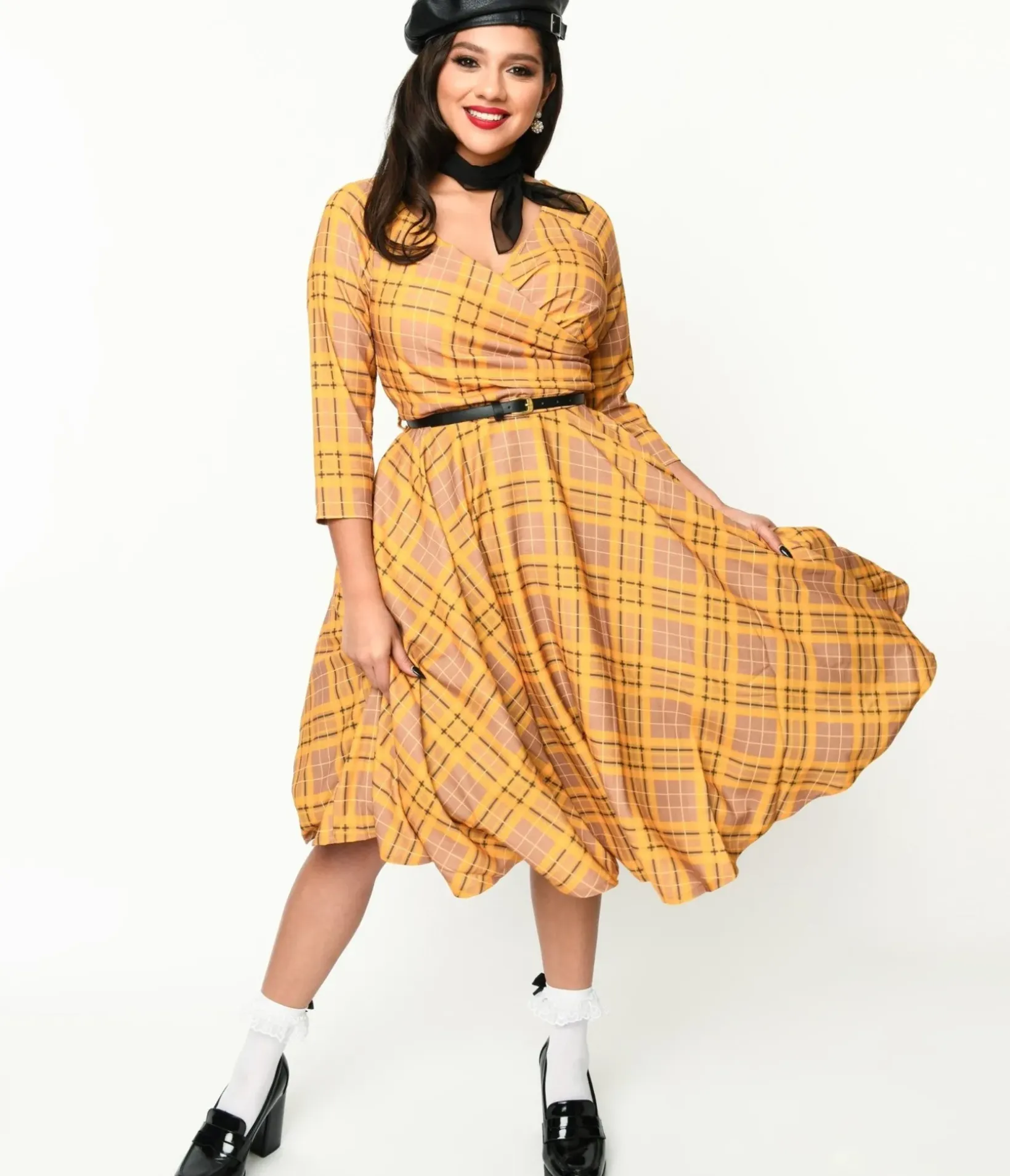 Unique Vintage Swing|Pocket Dresses>Mustard Yellow Plaid Kacee Swing Dress