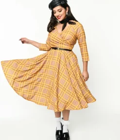 Unique Vintage Swing|Pocket Dresses>Mustard Yellow Plaid Kacee Swing Dress