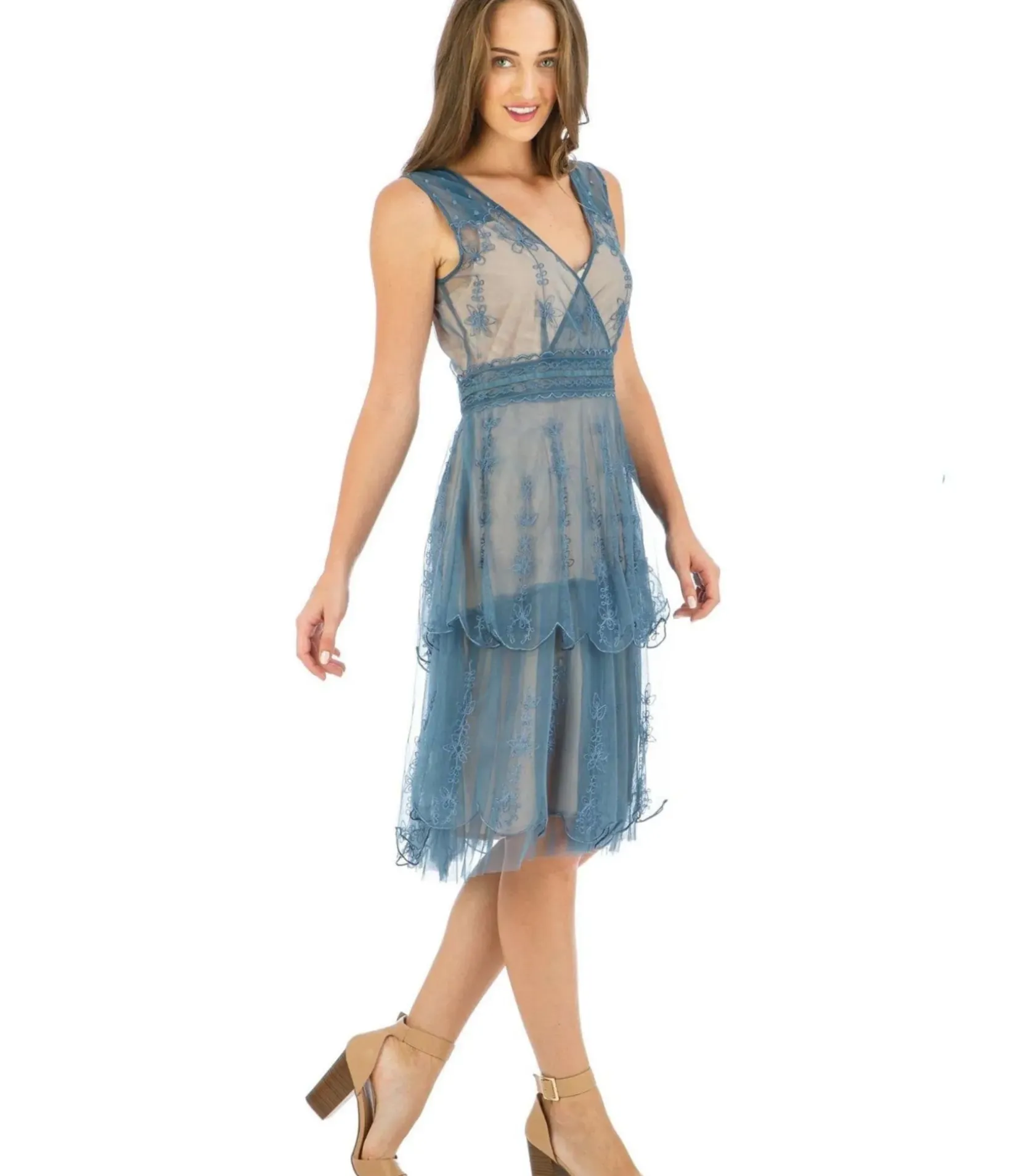 Unique Vintage Special Occasion|Wedding Guest>Nataya 1920s Style Sapphire & Nude Flapper Dress