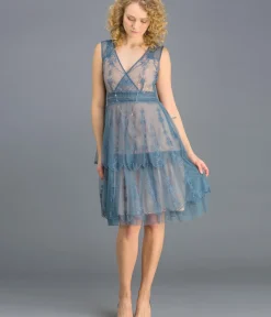 Unique Vintage Special Occasion|Wedding Guest>Nataya 1920s Style Sapphire & Nude Flapper Dress