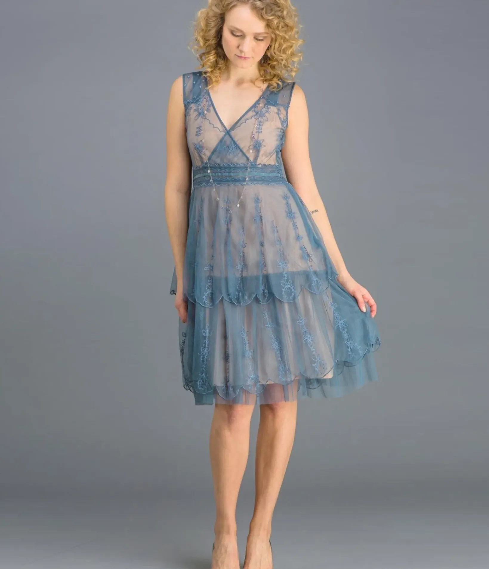 Unique Vintage Special Occasion|Wedding Guest>Nataya 1920s Style Sapphire & Nude Flapper Dress