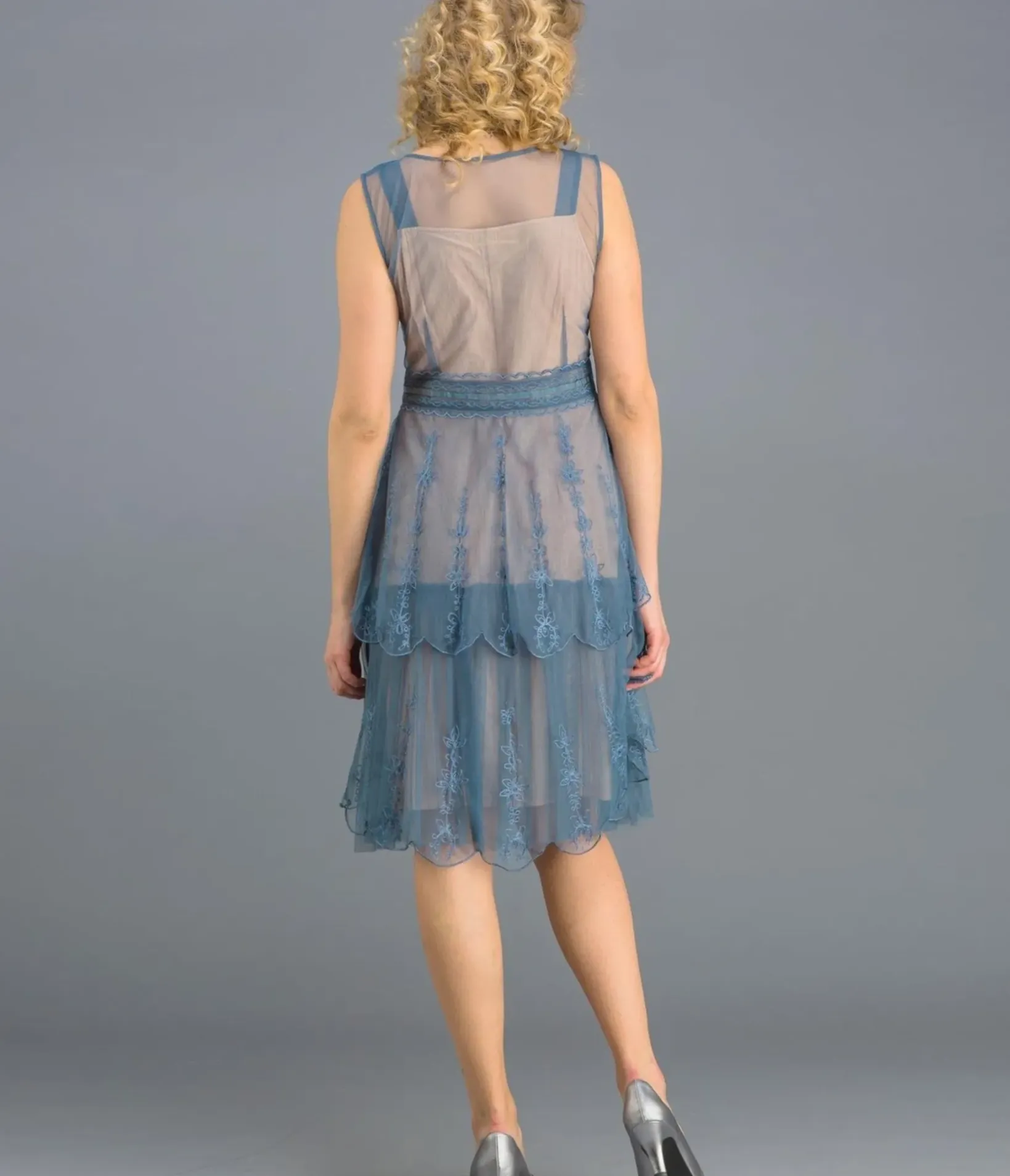 Unique Vintage Special Occasion|Wedding Guest>Nataya 1920s Style Sapphire & Nude Flapper Dress