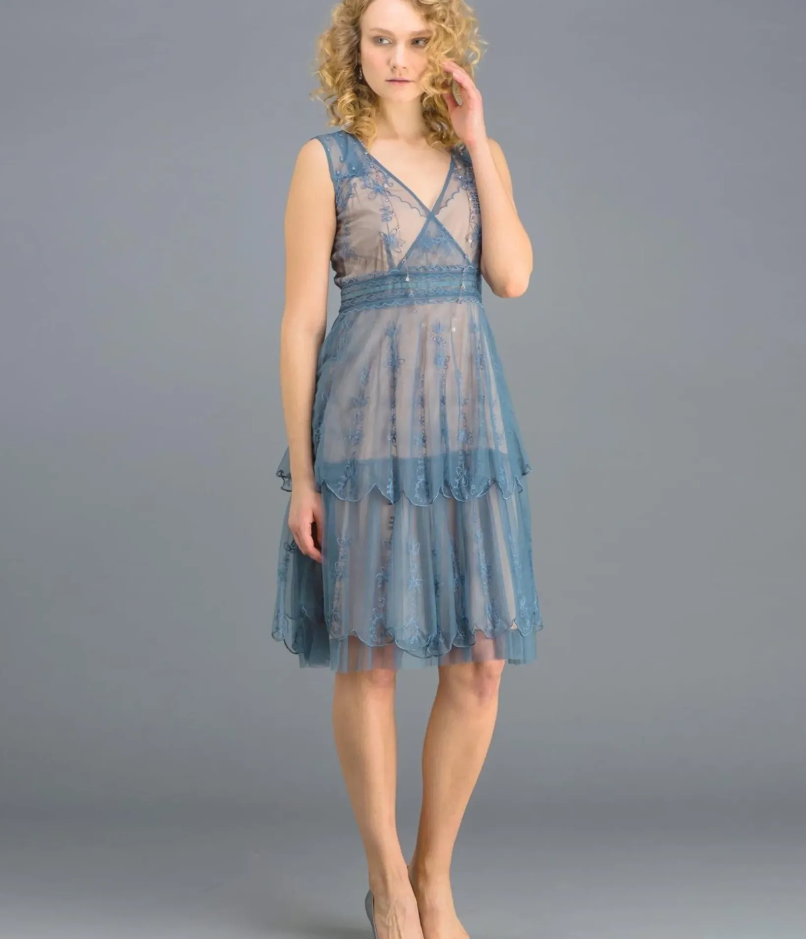 Unique Vintage Special Occasion|Wedding Guest>Nataya 1920s Style Sapphire & Nude Flapper Dress