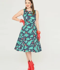 Unique Vintage Swing|Pocket Dresses>Navy & Dino Christmas Print Swing Dress