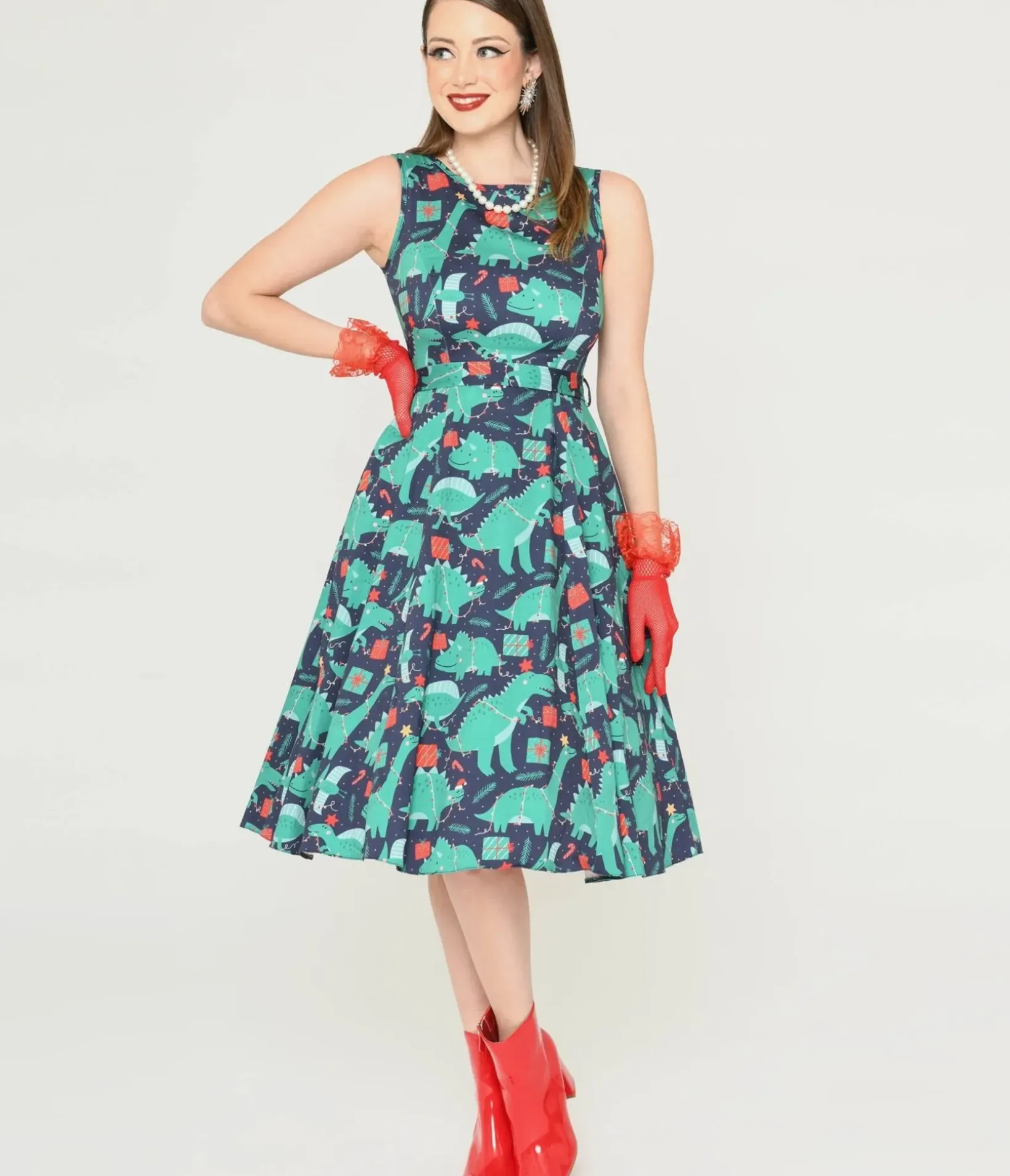 Unique Vintage Swing|Pocket Dresses>Navy & Dino Christmas Print Swing Dress