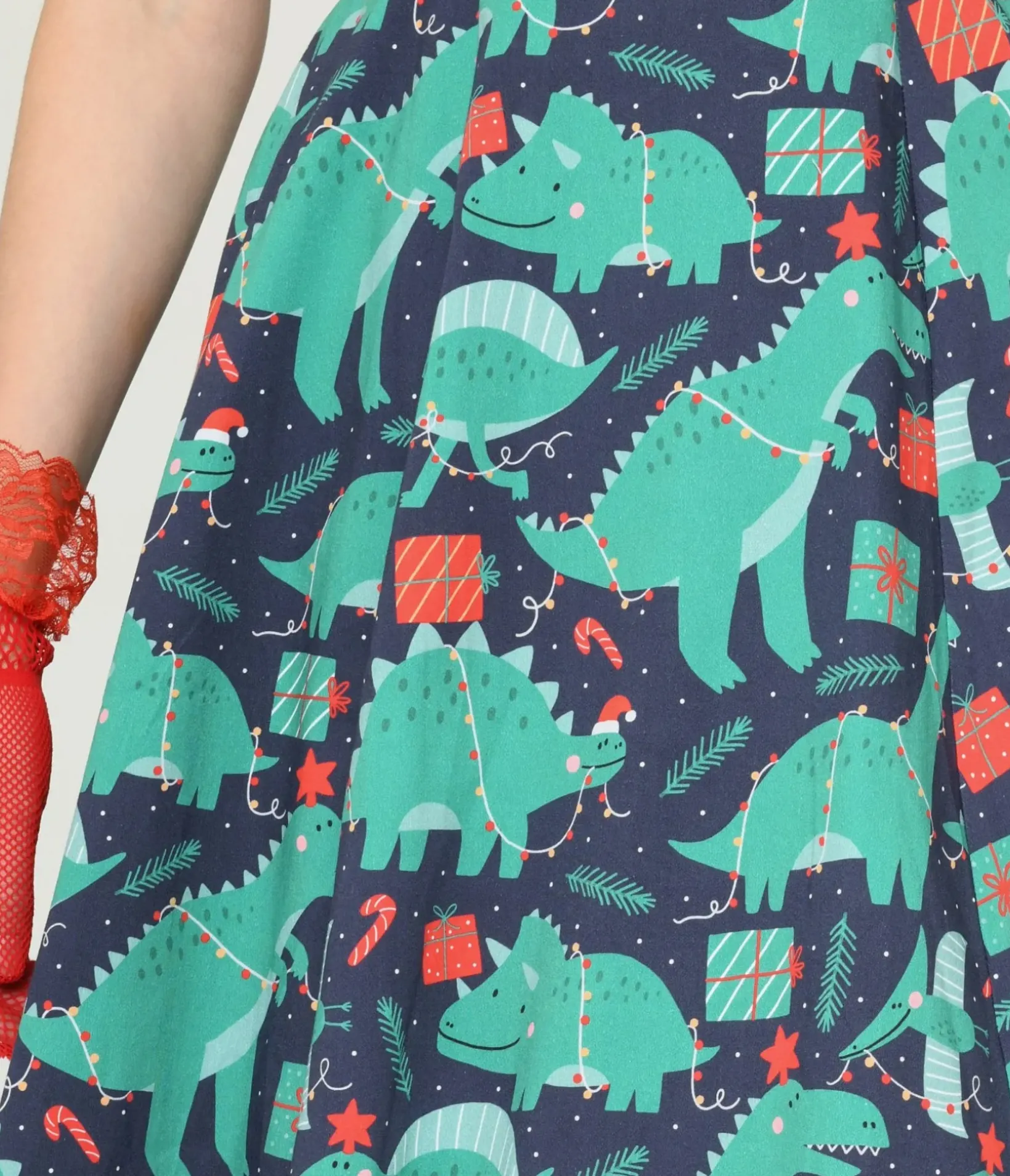 Unique Vintage Swing|Pocket Dresses>Navy & Dino Christmas Print Swing Dress