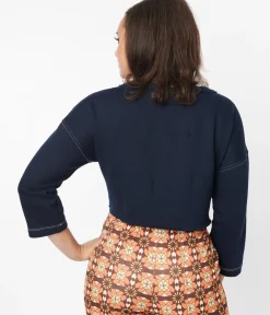 Unique Vintage Sweaters & Cardigans>Navy Floral Button Cropped Petunia Cardigan