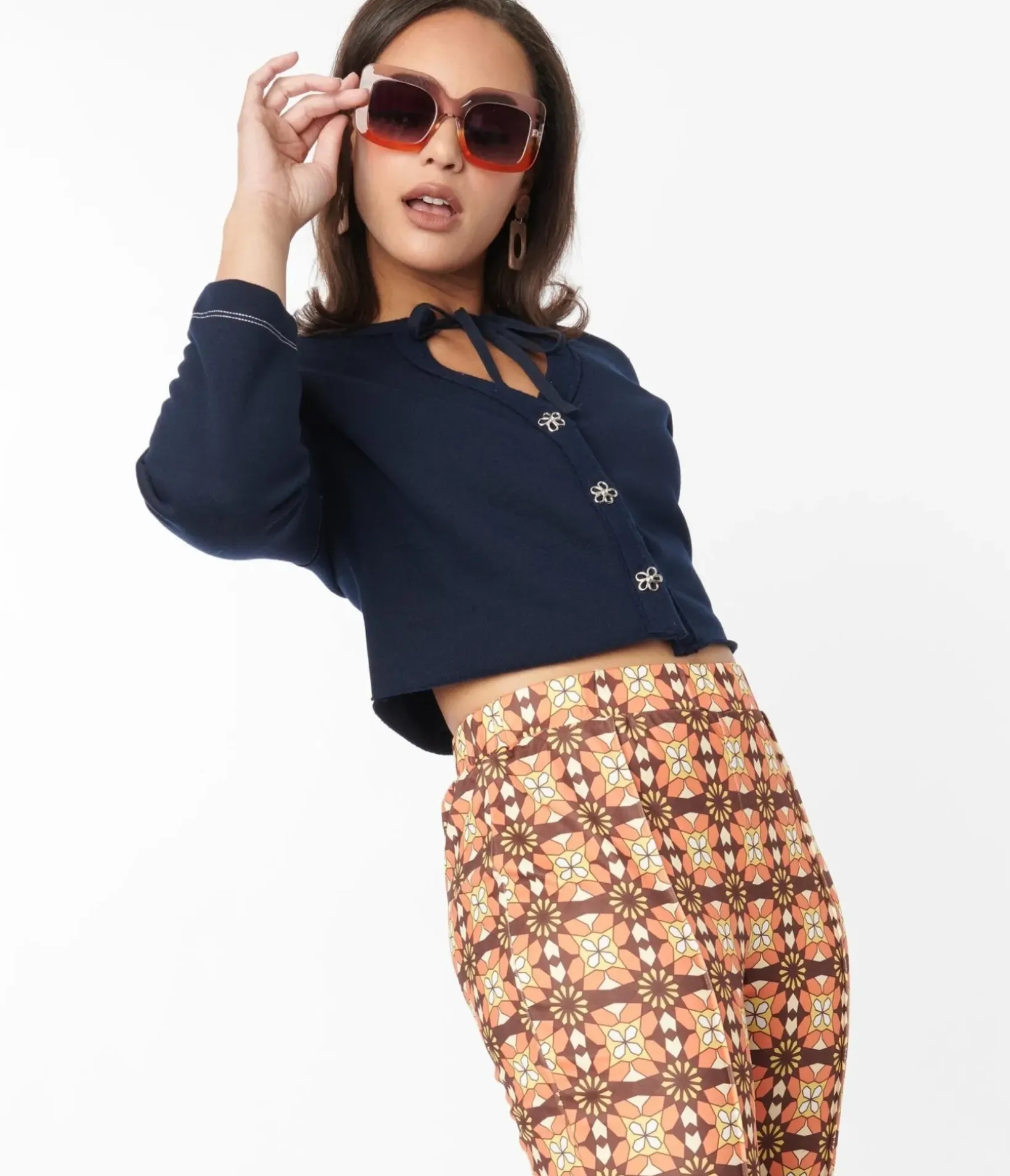 Unique Vintage Sweaters & Cardigans>Navy Floral Button Cropped Petunia Cardigan