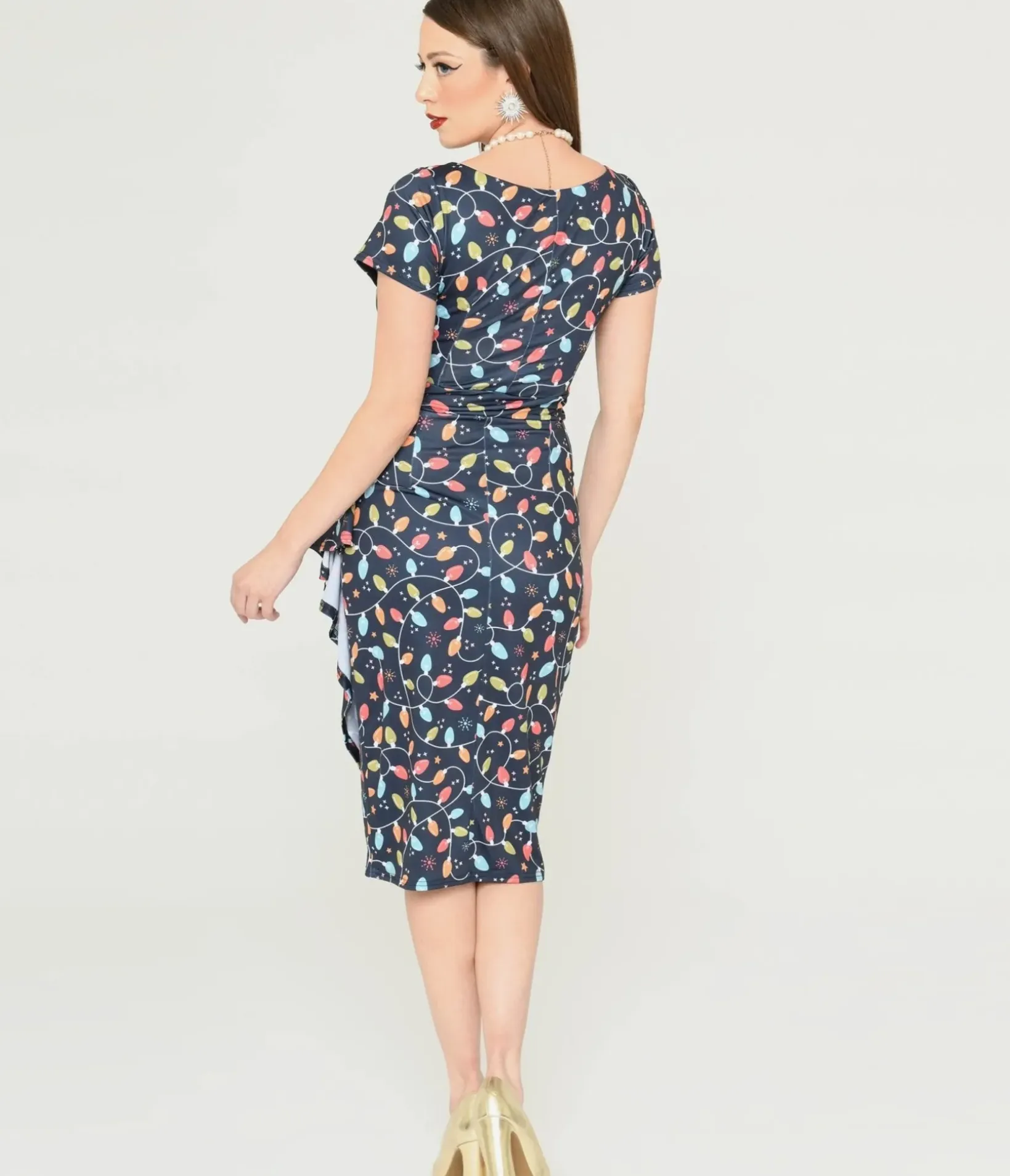 Unique Vintage Pencil|Everyday Dresses>Navy & Holiday Lights Wiggle Dress