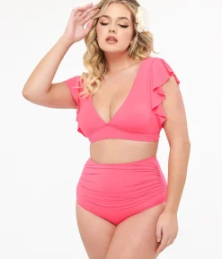 Unique Vintage Two Piece Swim|Summer Vacation>Neon Pink Ruffled Sleeve Two Piece Swim Set