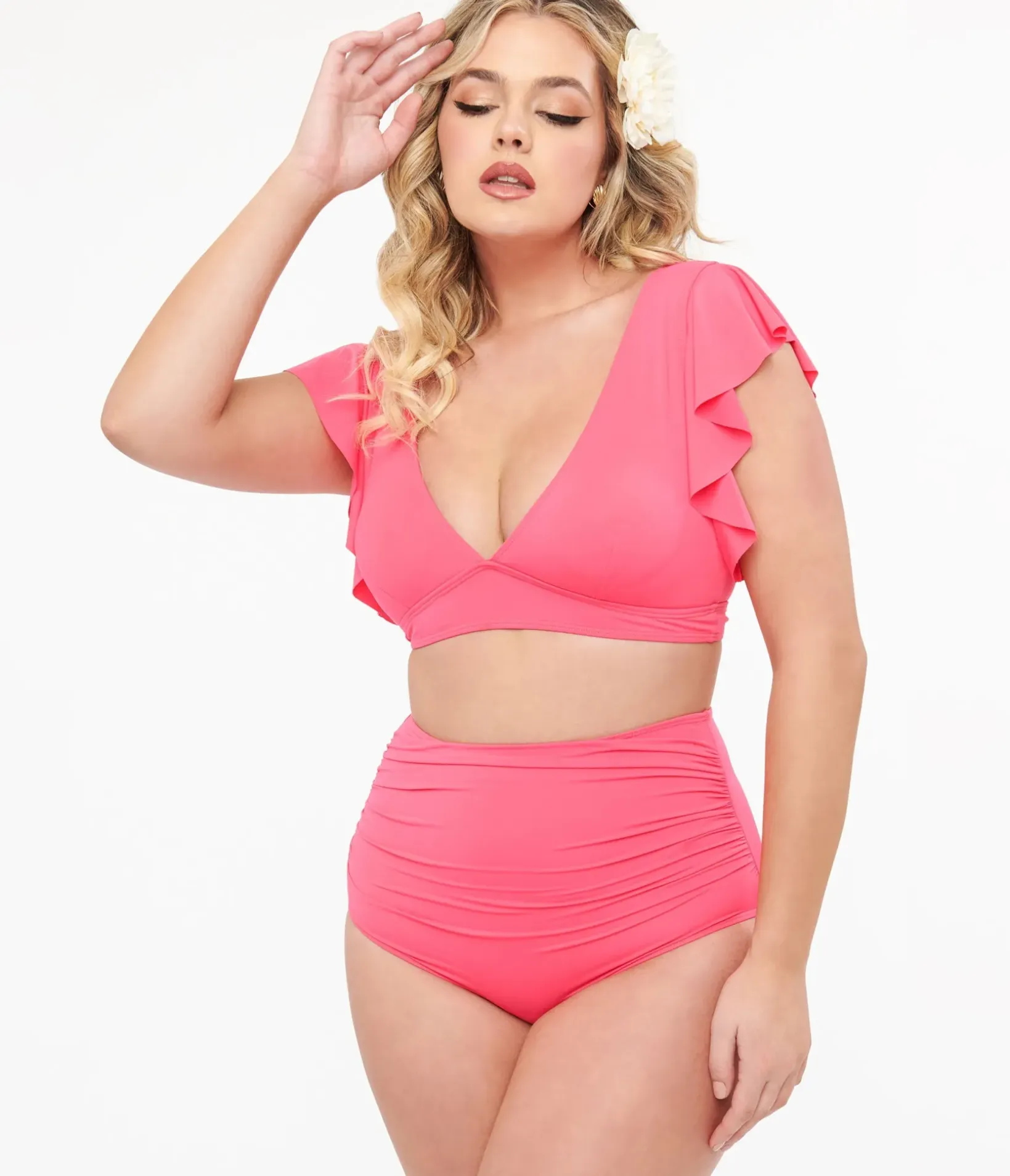 Unique Vintage Two Piece Swim|Summer Vacation>Neon Pink Ruffled Sleeve Two Piece Swim Set