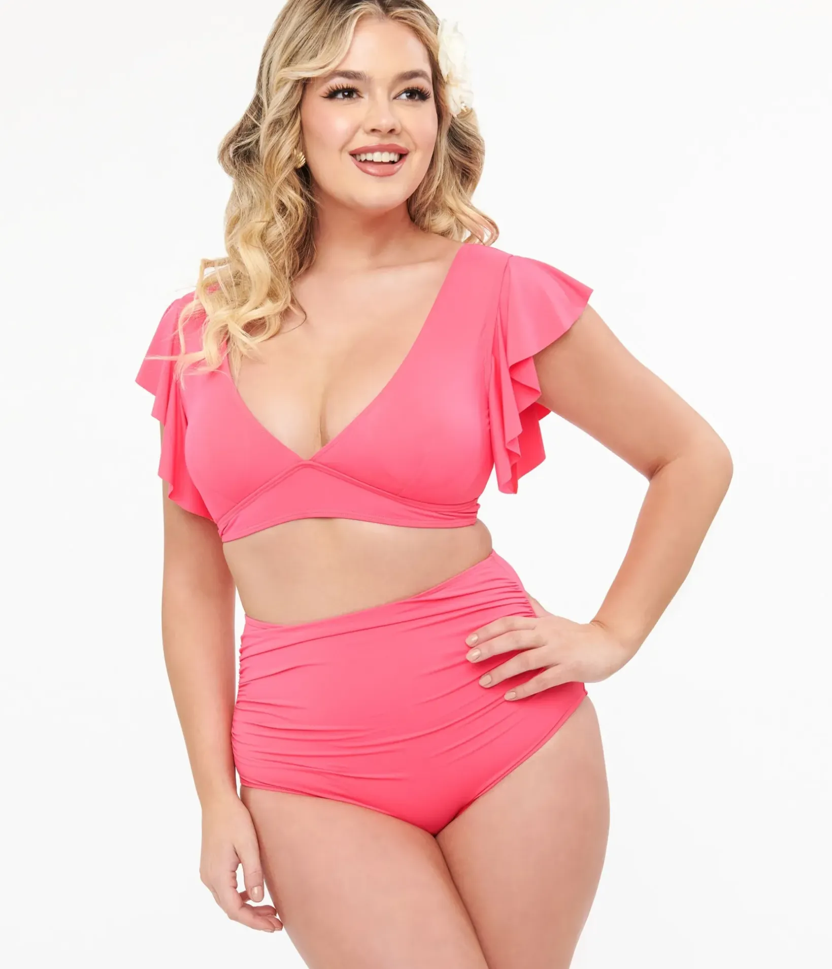 Unique Vintage Two Piece Swim|Summer Vacation>Neon Pink Ruffled Sleeve Two Piece Swim Set