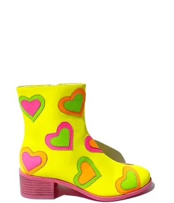 Unique Vintage Boots>Neon Yellow & Rainbow Heart to Heart Ankle Boot
