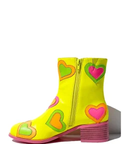 Unique Vintage Boots>Neon Yellow & Rainbow Heart to Heart Ankle Boot