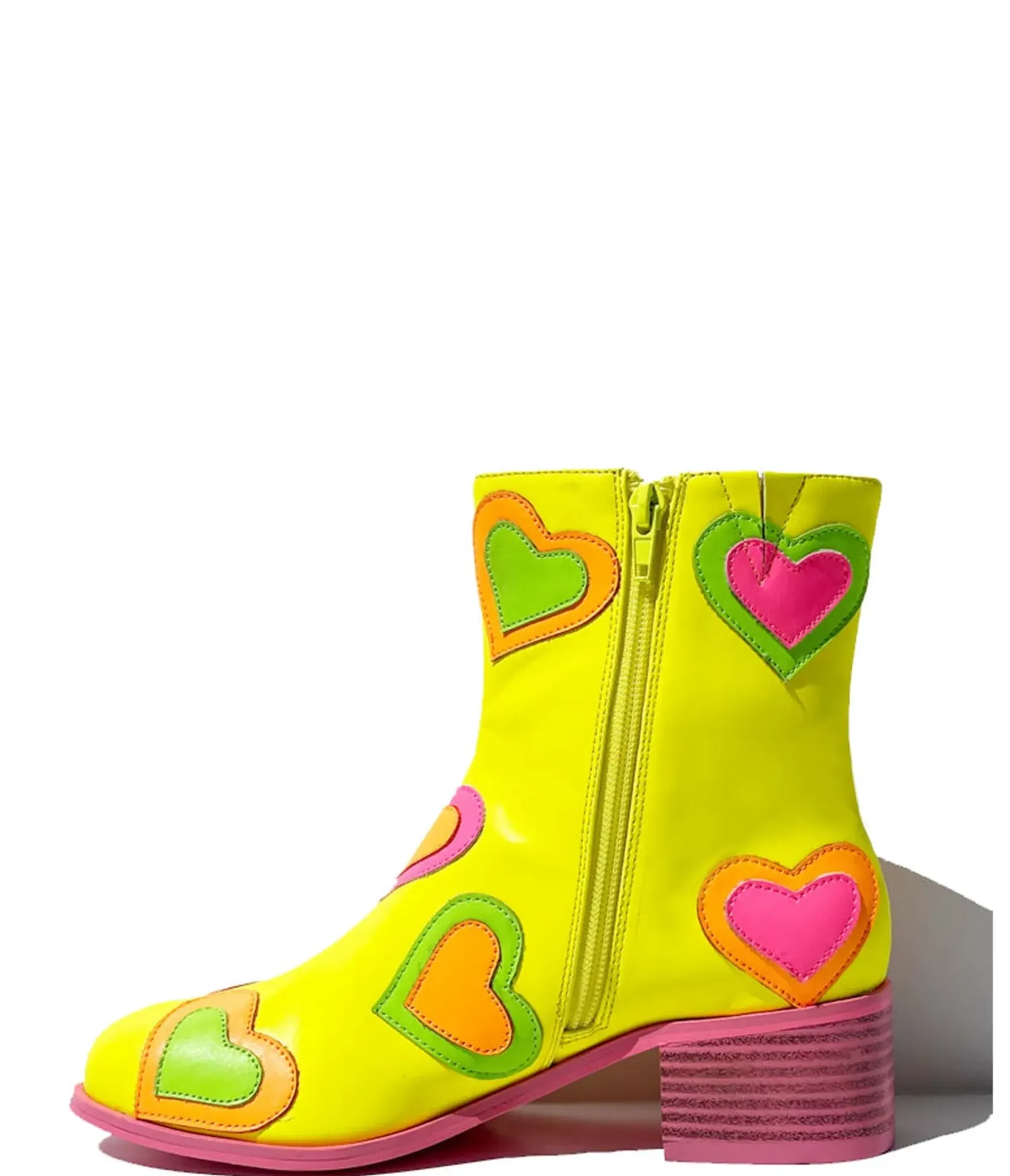 Unique Vintage Boots>Neon Yellow & Rainbow Heart to Heart Ankle Boot