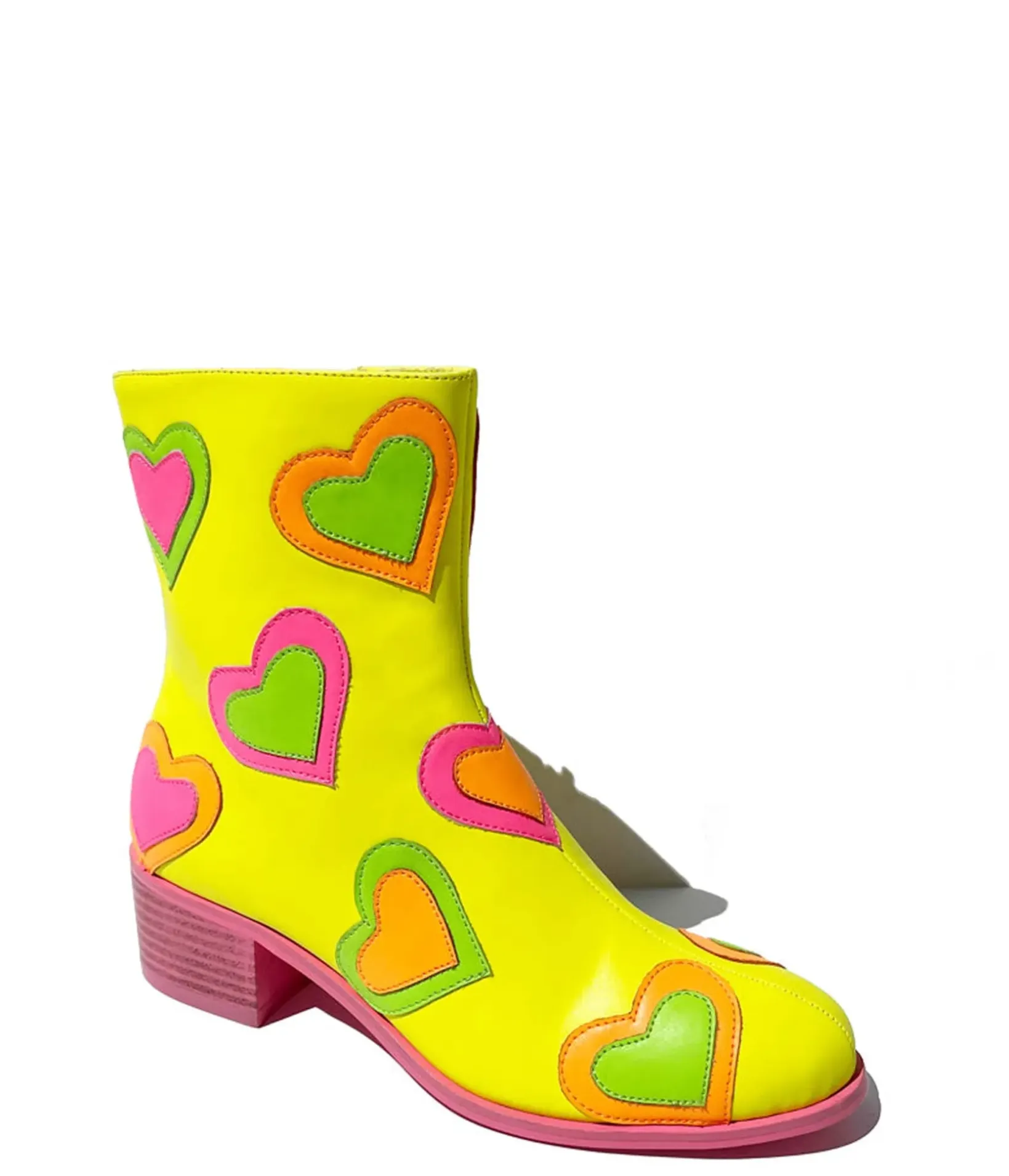Unique Vintage Boots>Neon Yellow & Rainbow Heart to Heart Ankle Boot
