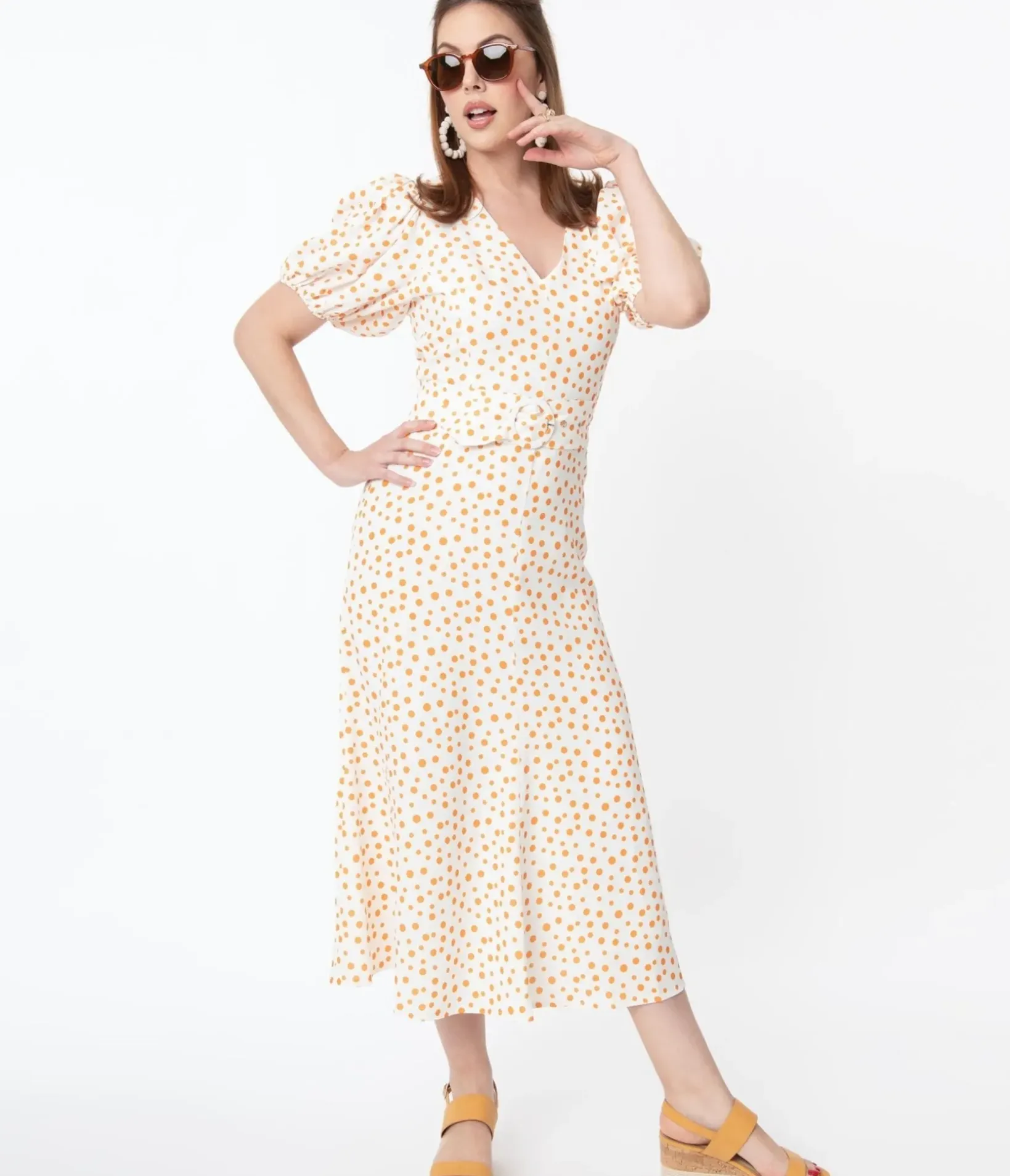 Unique Vintage Maxi|Everyday Dresses>Off White & Orange Polka Dot Catherine Maxi Dress