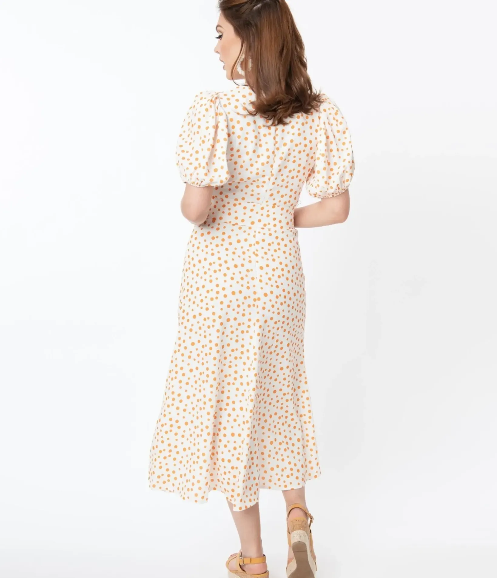 Unique Vintage Maxi|Everyday Dresses>Off White & Orange Polka Dot Catherine Maxi Dress