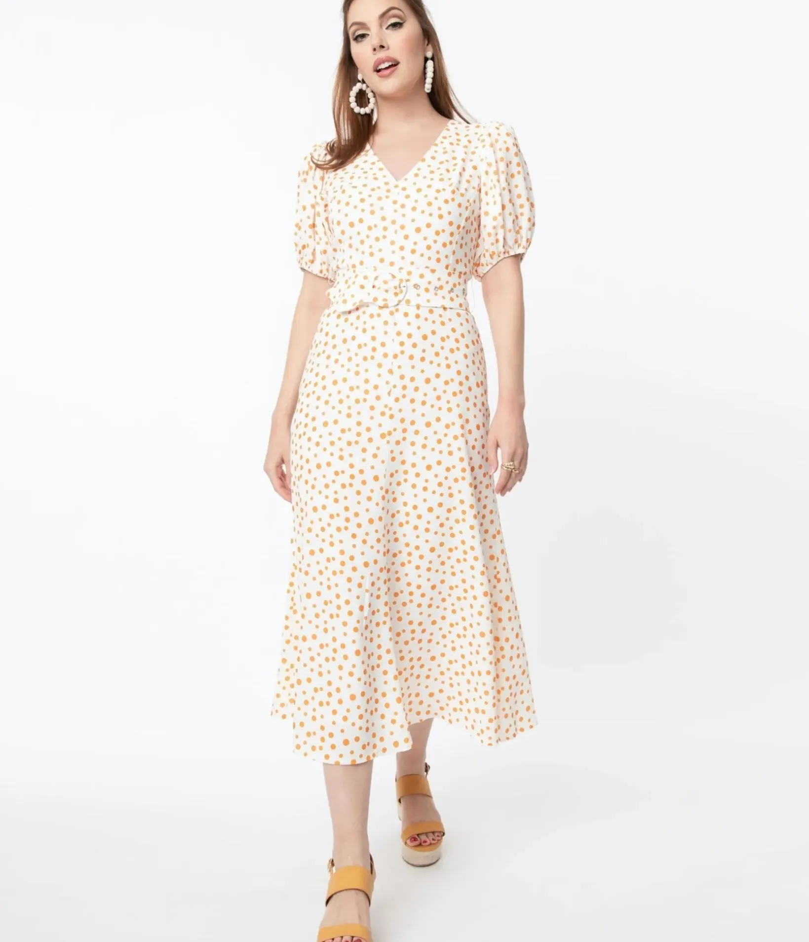 Unique Vintage Maxi|Everyday Dresses>Off White & Orange Polka Dot Catherine Maxi Dress