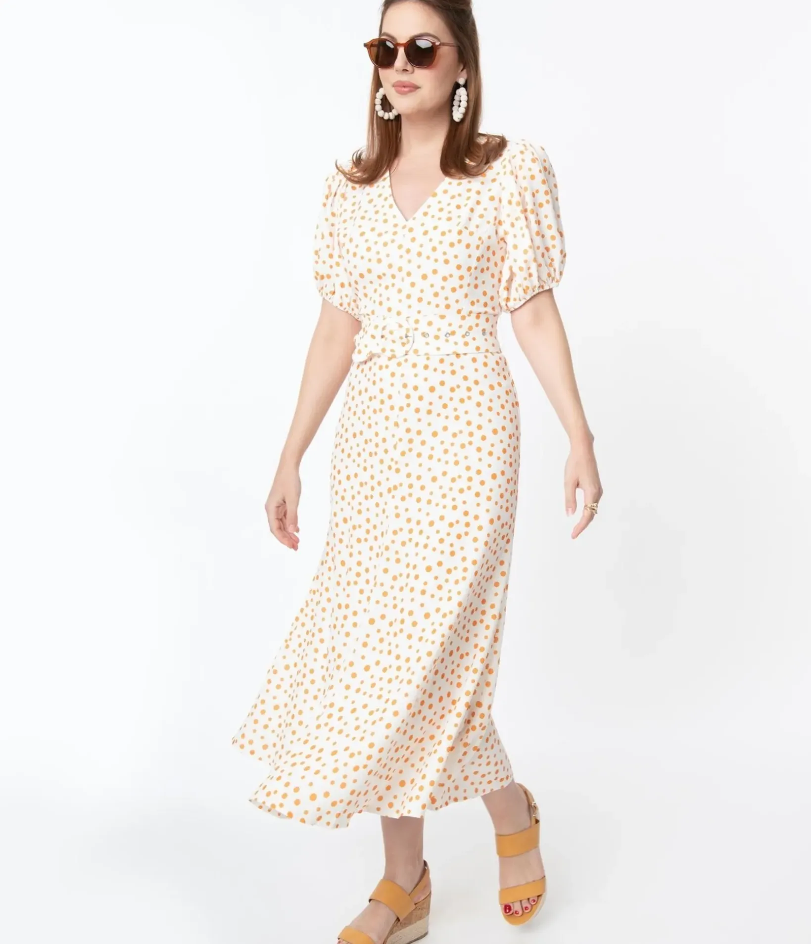 Unique Vintage Maxi|Everyday Dresses>Off White & Orange Polka Dot Catherine Maxi Dress