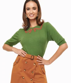 Unique Vintage Work Wear>Olive Green & Brown Knit Top