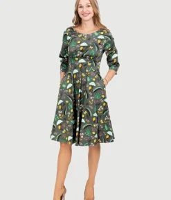 Unique Vintage Swing|Fit & Flare>Olive Green & Rain Forest Print Fit & Flare Dress