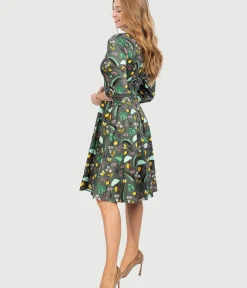 Unique Vintage Swing|Fit & Flare>Olive Green & Rain Forest Print Fit & Flare Dress