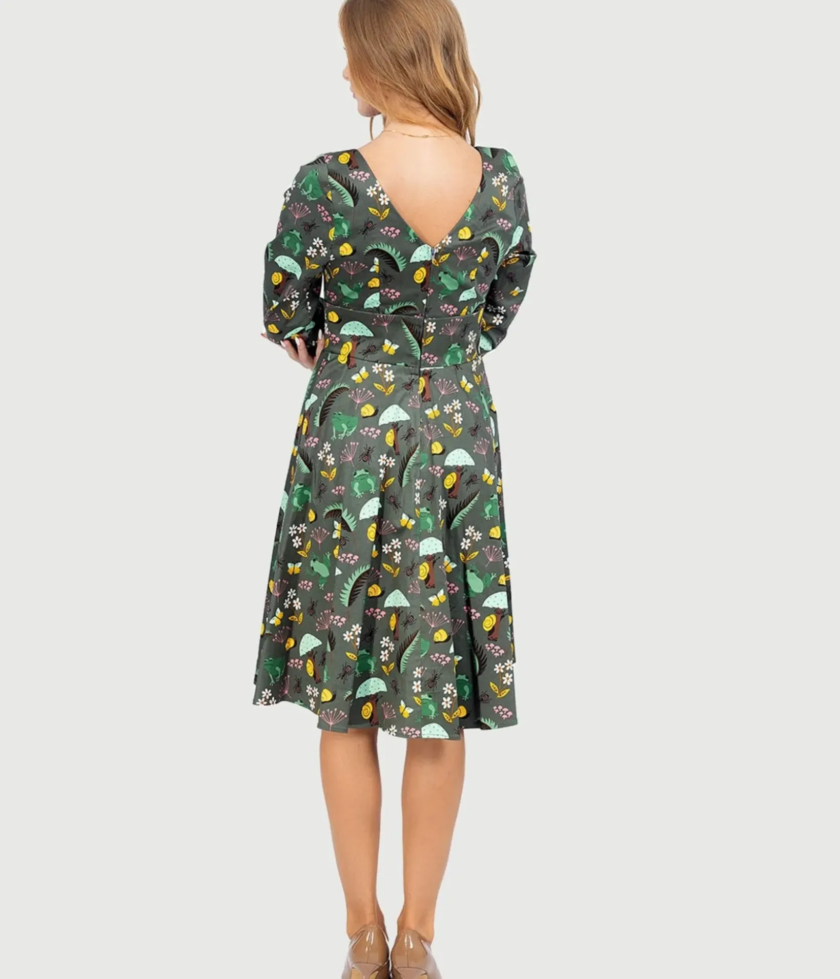Unique Vintage Swing|Fit & Flare>Olive Green & Rain Forest Print Fit & Flare Dress