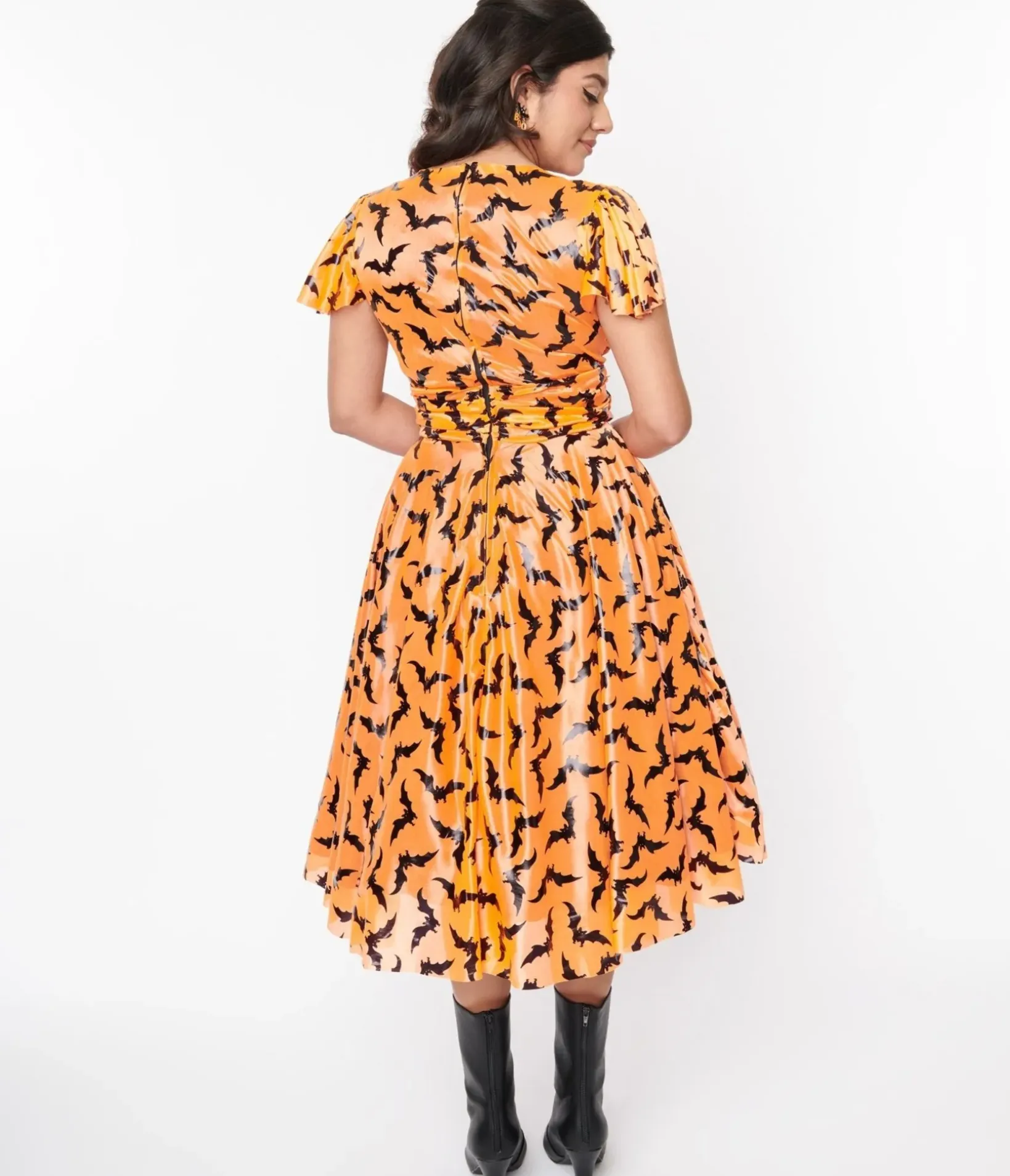 Unique Vintage Swing|Swing>Orange & Black Bat Midori Swing Dress