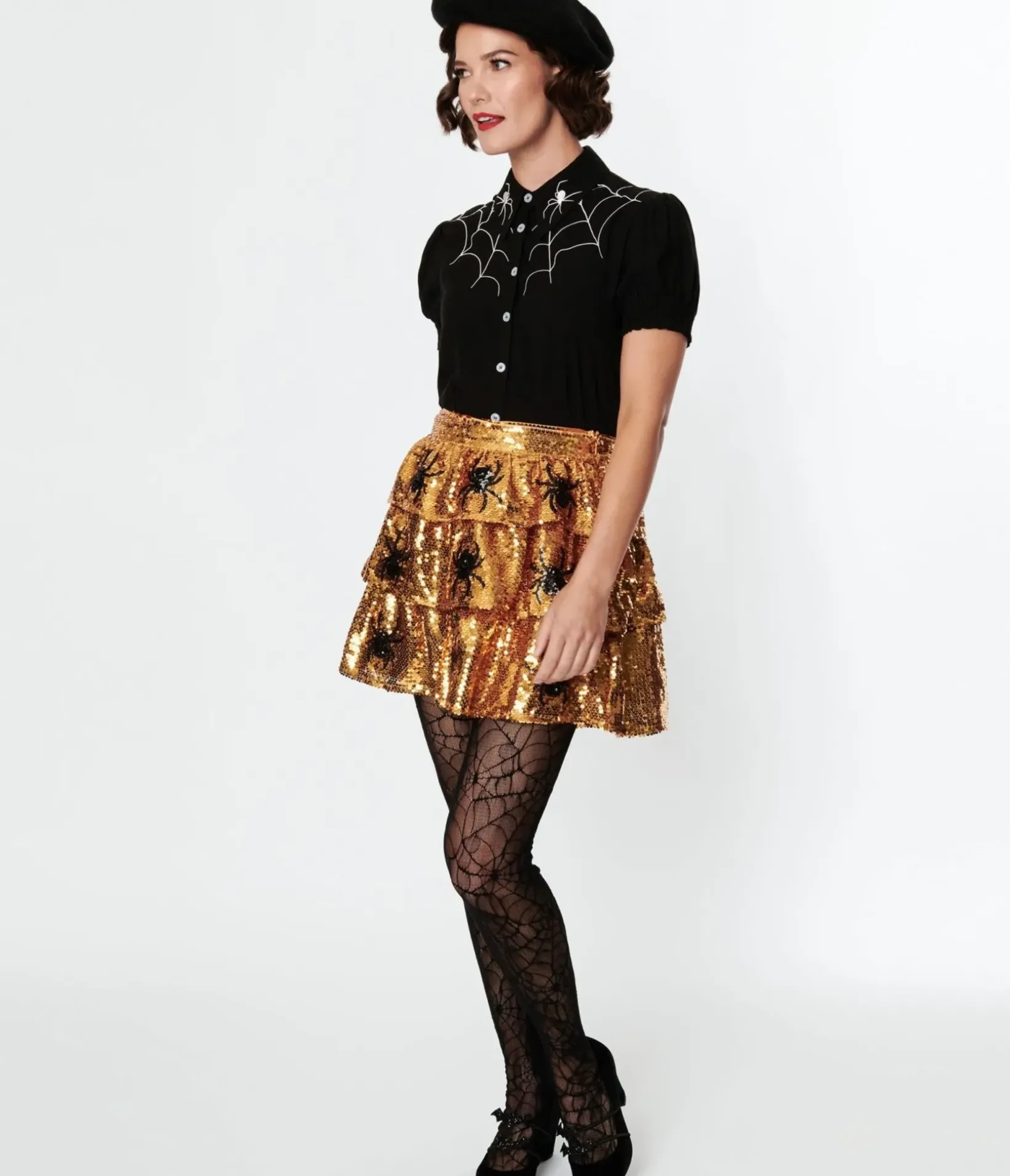 Unique Vintage Halloween>Orange Sequin & Spider Mini Skirt