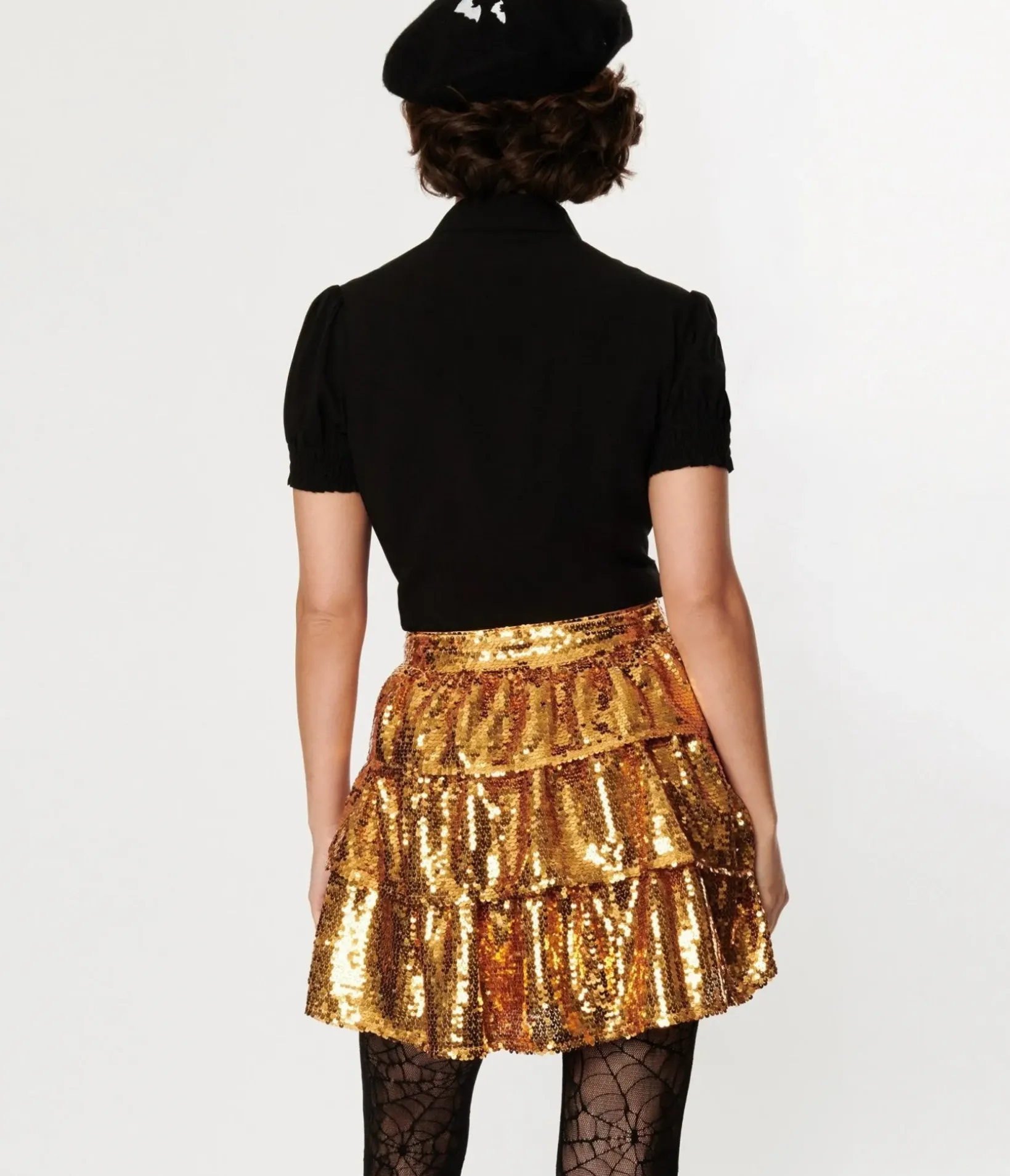 Unique Vintage Halloween>Orange Sequin & Spider Mini Skirt