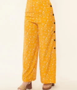 Unique Vintage Pants>Orange & White Floral Side Button Pants