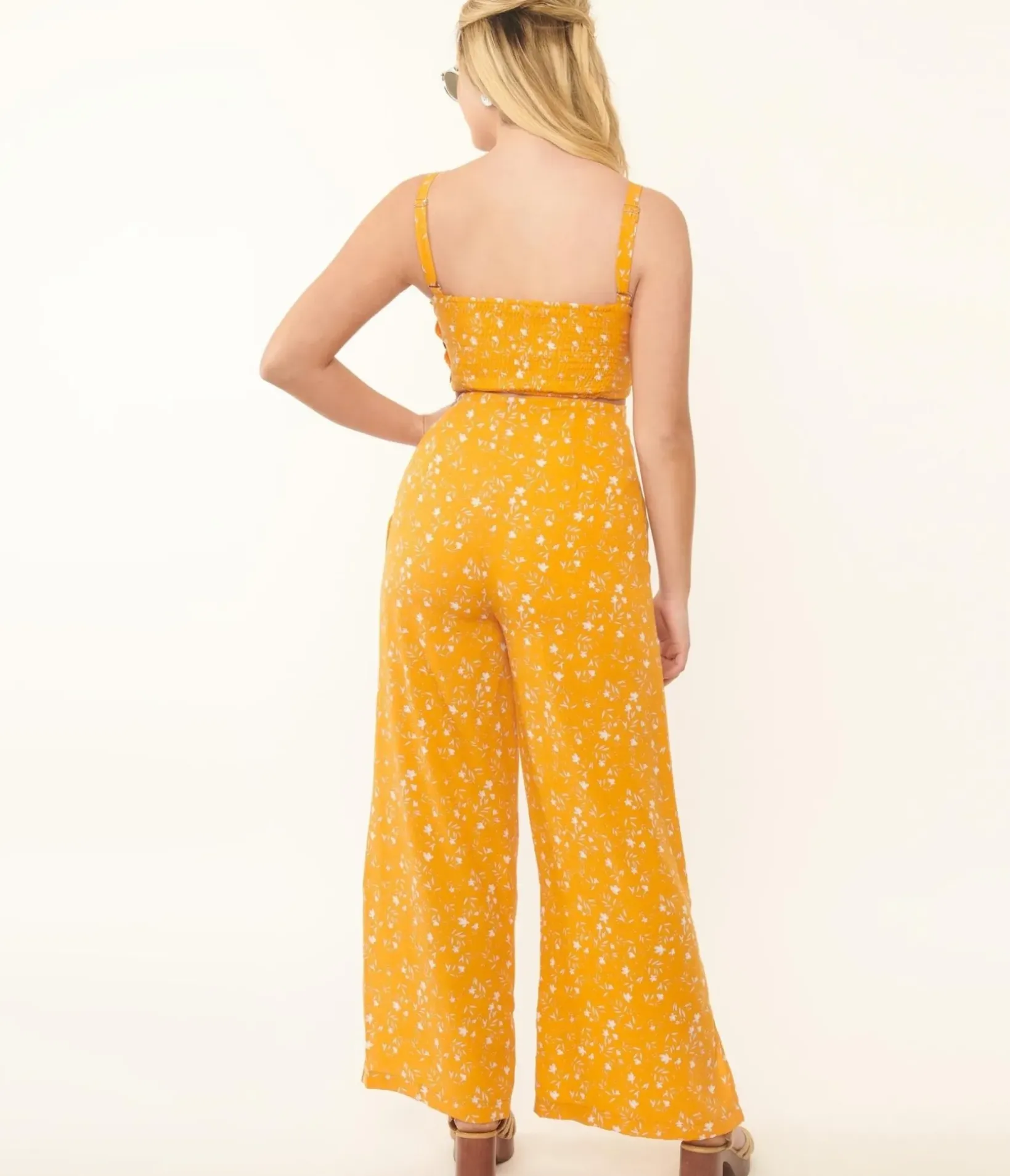 Unique Vintage Pants>Orange & White Floral Side Button Pants