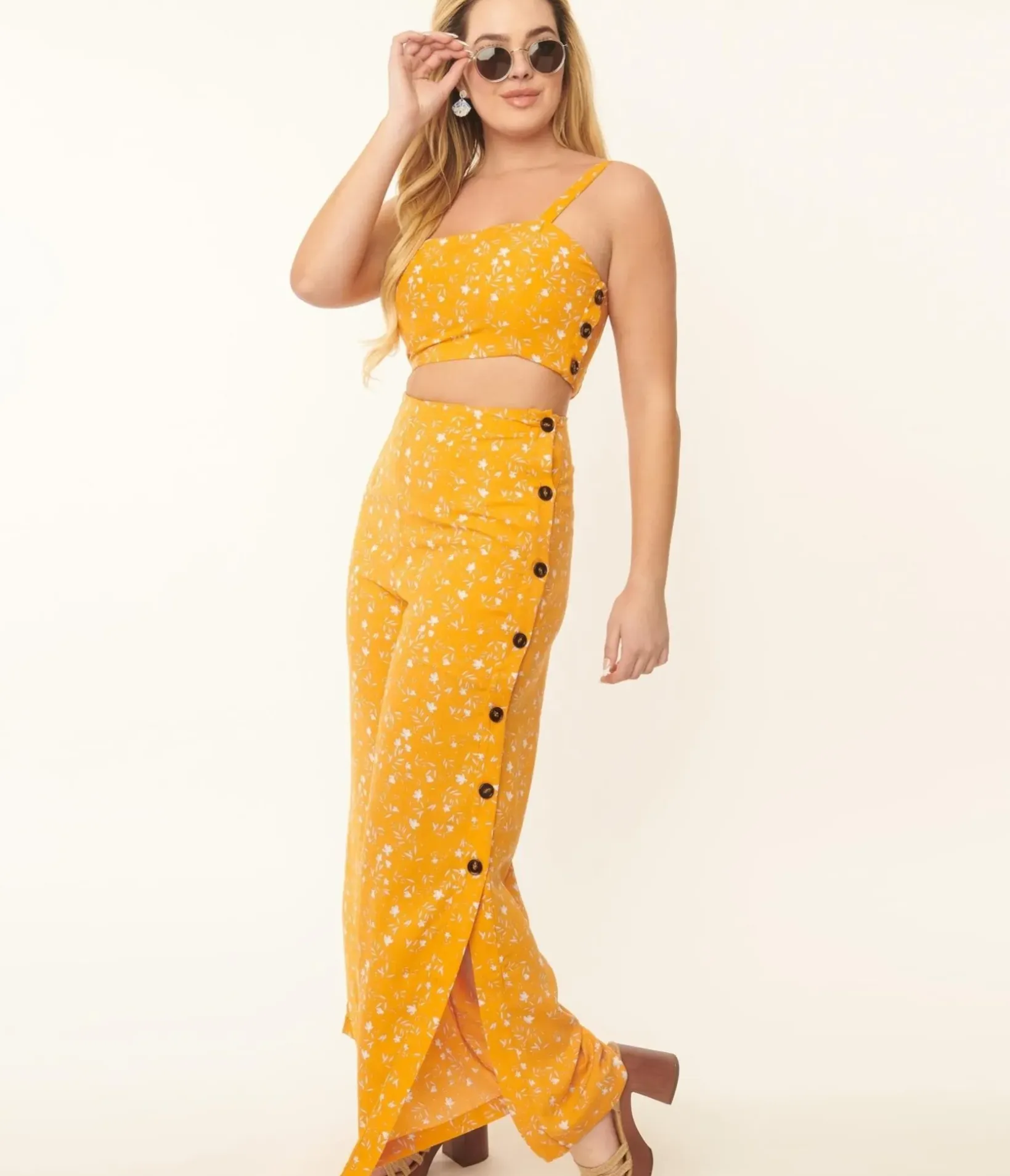 Unique Vintage Pants>Orange & White Floral Side Button Pants