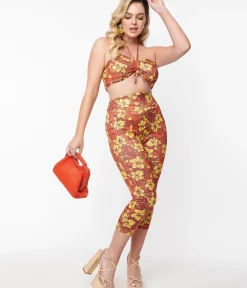 Unique Vintage Concert & Festivals>Orange & Yellow Tropical Floral Mimosa Capris