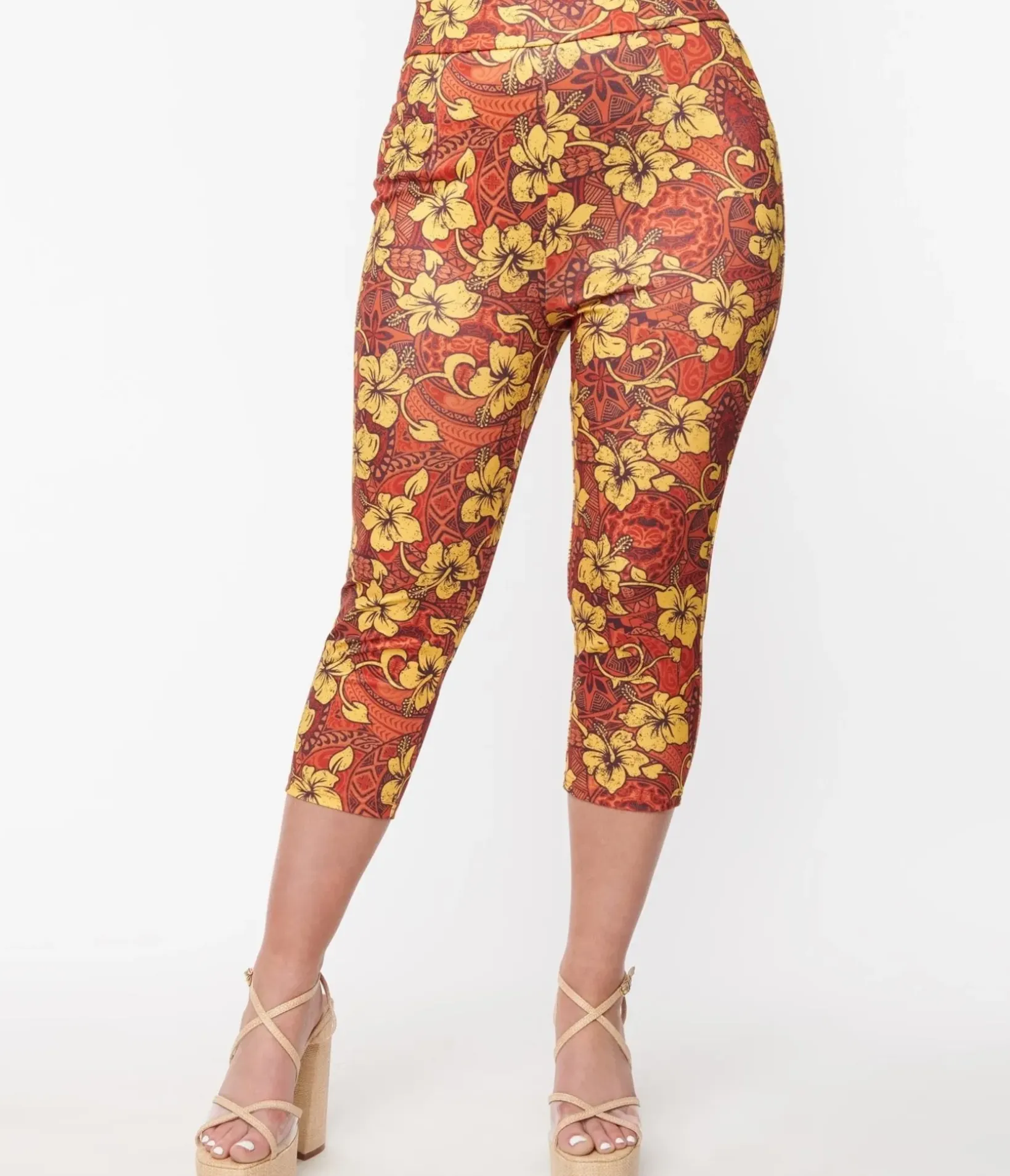 Unique Vintage Concert & Festivals>Orange & Yellow Tropical Floral Mimosa Capris