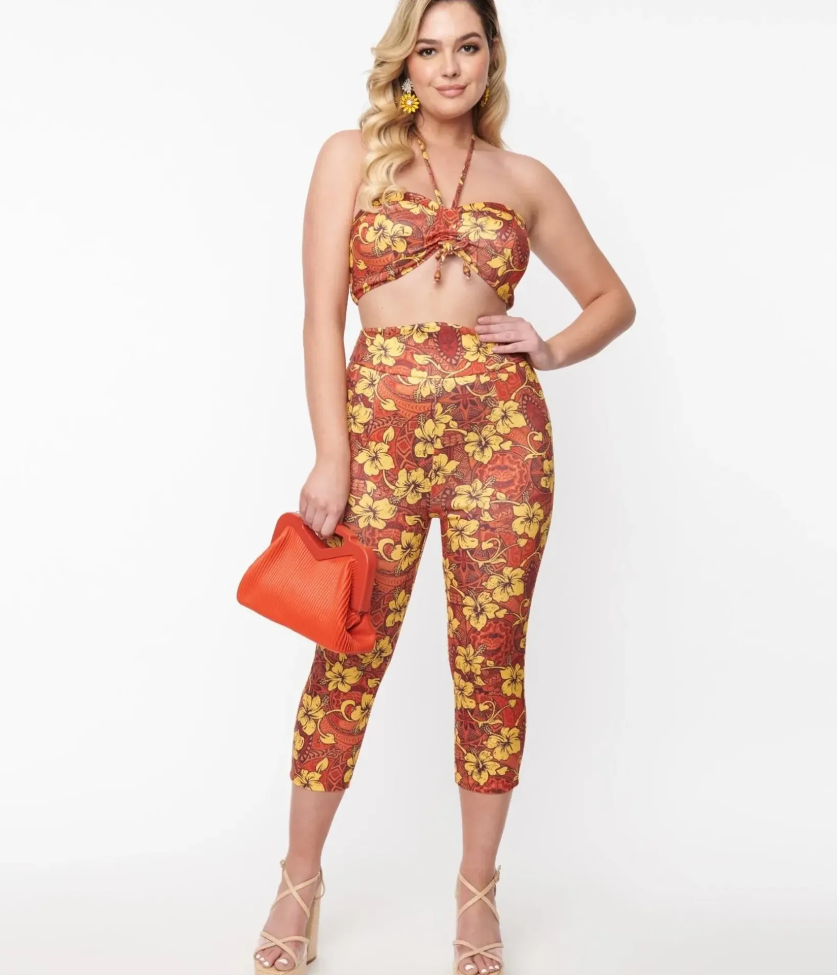 Unique Vintage Concert & Festivals>Orange & Yellow Tropical Floral Mimosa Capris