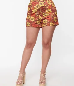 Unique Vintage Concert & Festivals>Orange & Yellow Tropical Floral Mimosa Shorts
