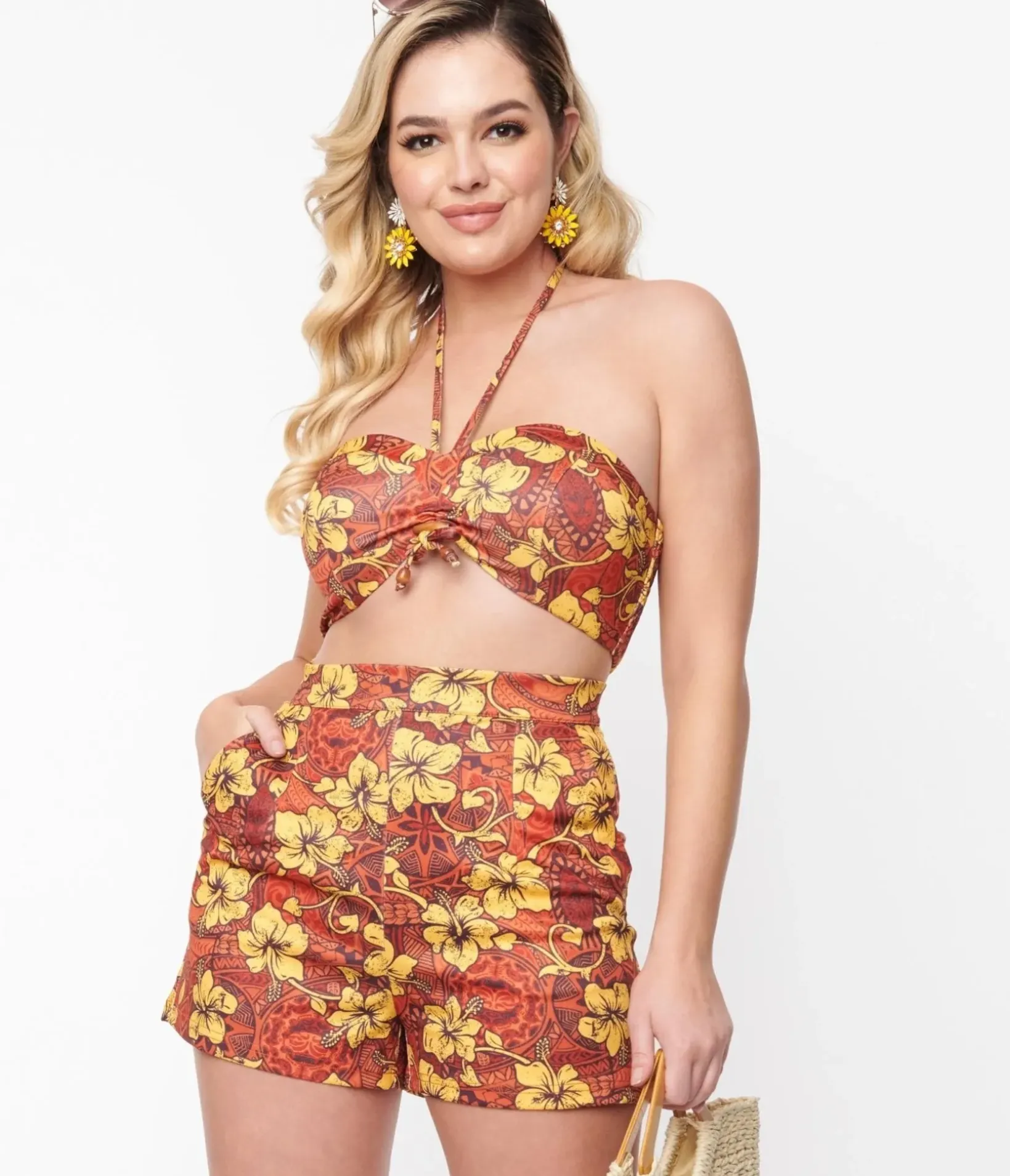 Unique Vintage Blouses>Orange & Yellow Tropical Floral Mimosa Tube Top