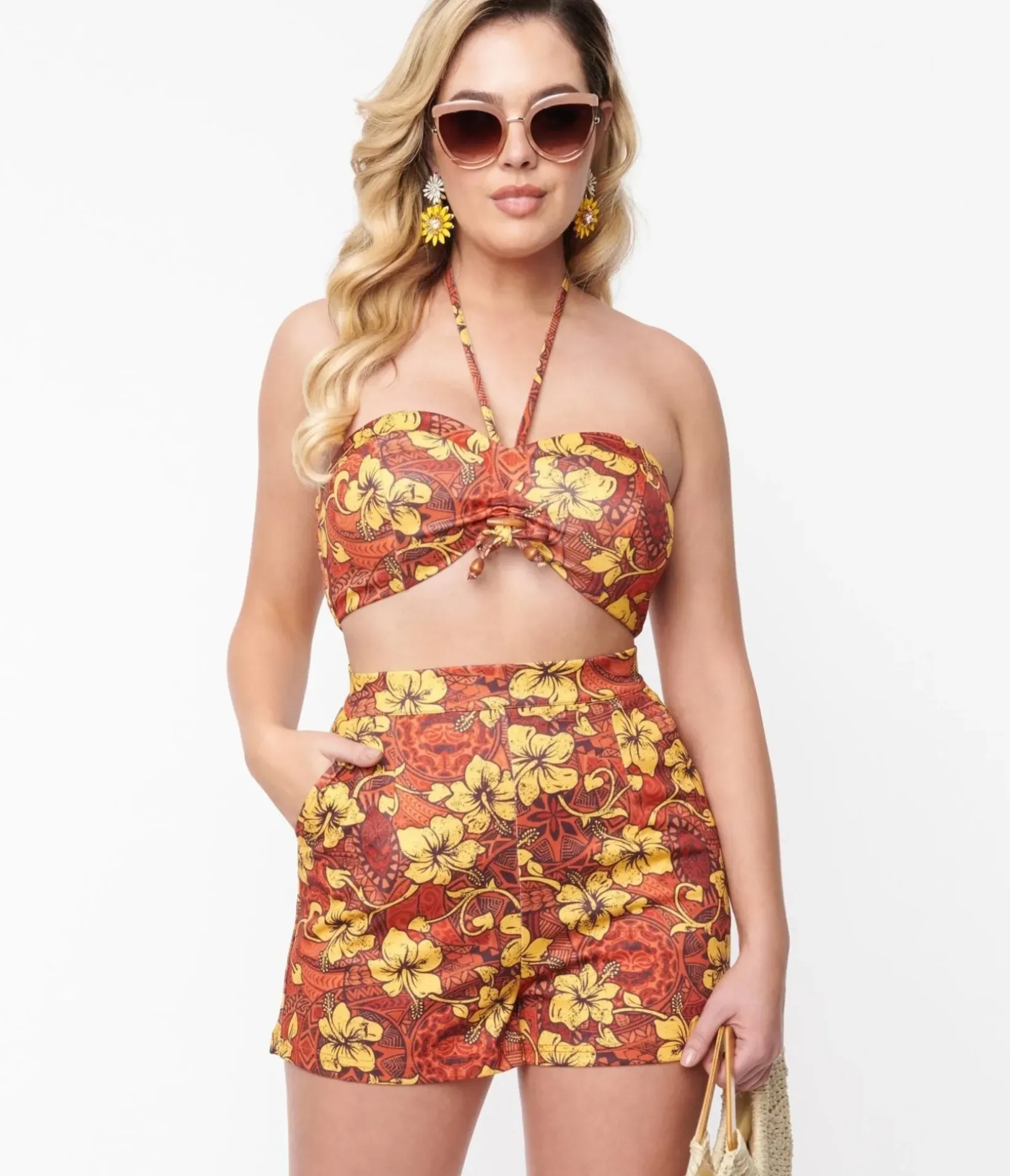 Unique Vintage Blouses>Orange & Yellow Tropical Floral Mimosa Tube Top