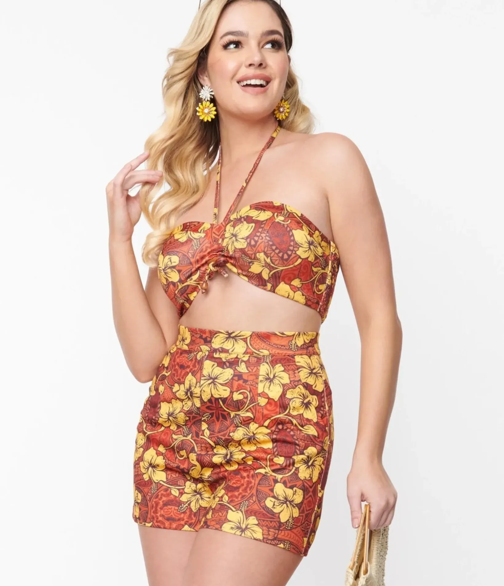Unique Vintage Blouses>Orange & Yellow Tropical Floral Mimosa Tube Top