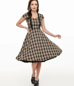 Unique Vintage Swing|Pocket Dresses>Orchid Bloom 1950s Black Plaid Swing Dress