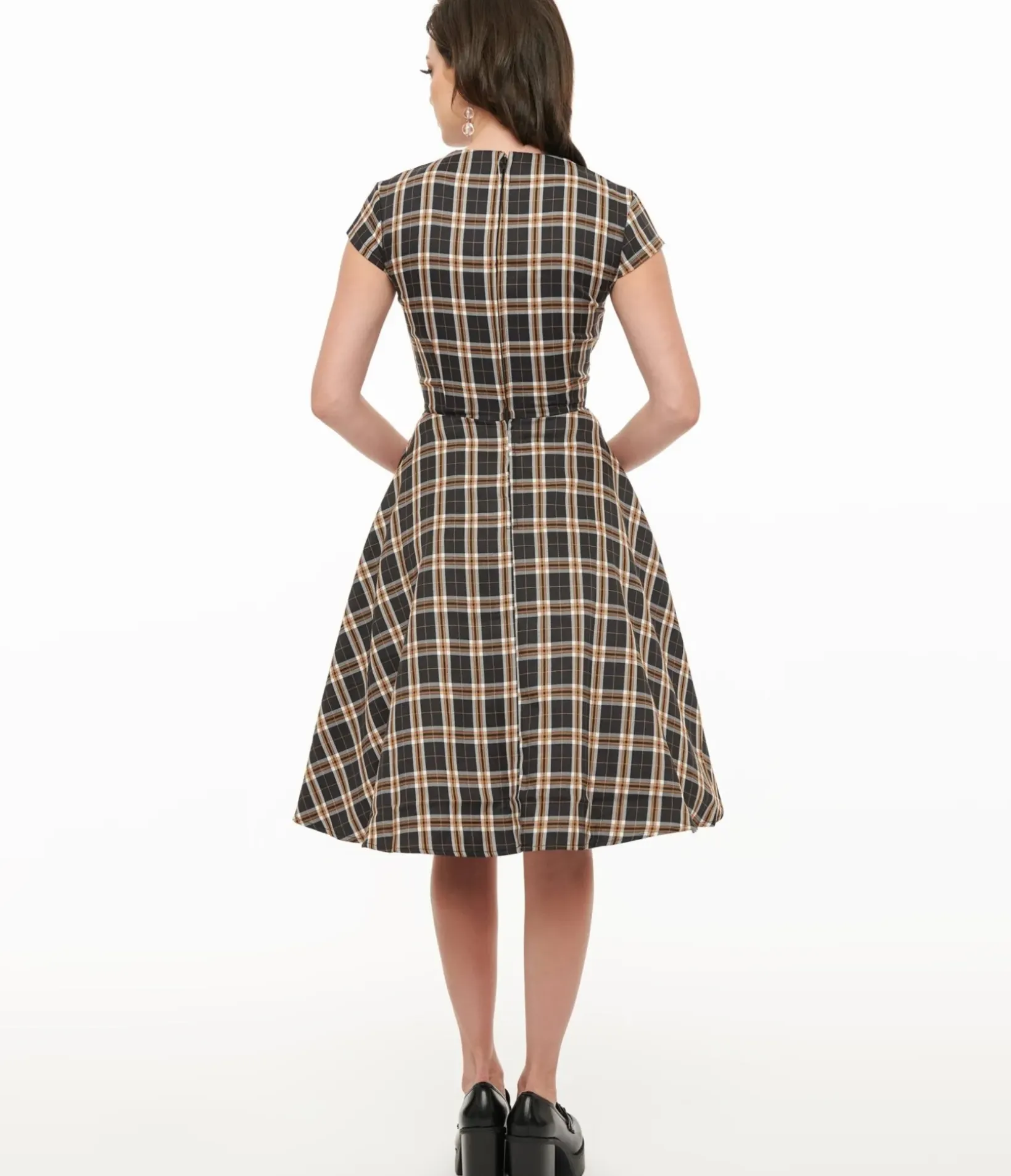 Unique Vintage Swing|Pocket Dresses>Orchid Bloom 1950s Black Plaid Swing Dress