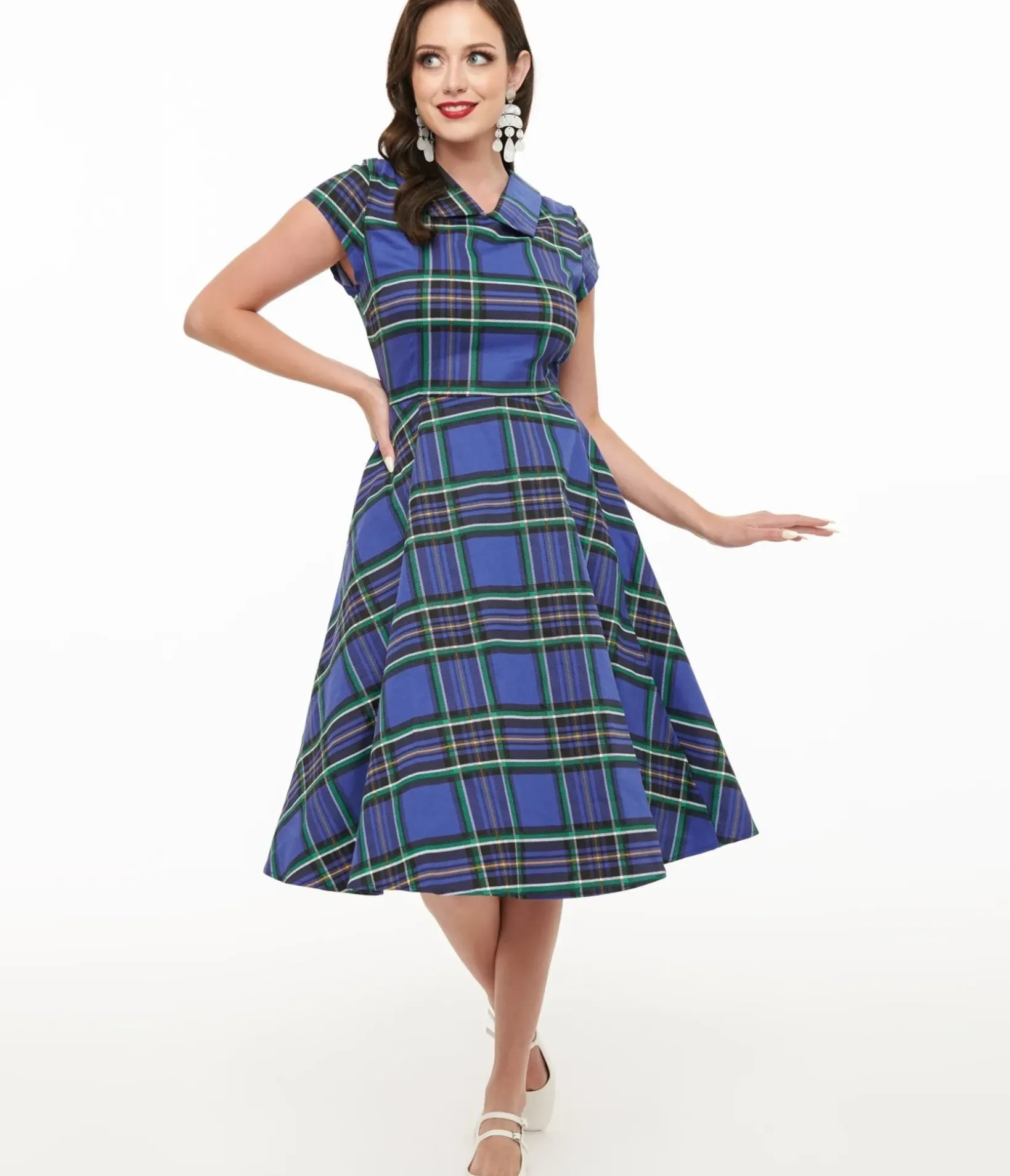 Unique Vintage Swing|Pocket Dresses>Orchid Bloom 1950s Blue Plaid Swing Dress