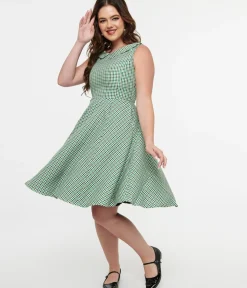 Unique Vintage Fit & Flare|Pocket Dresses>Orchid Bloom 1950s Green & Black Plaid Fit & Flare Dress
