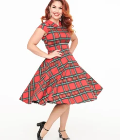 Unique Vintage Swing|Pocket Dresses>Orchid Bloom 1950s Red Plaid Swing Dress
